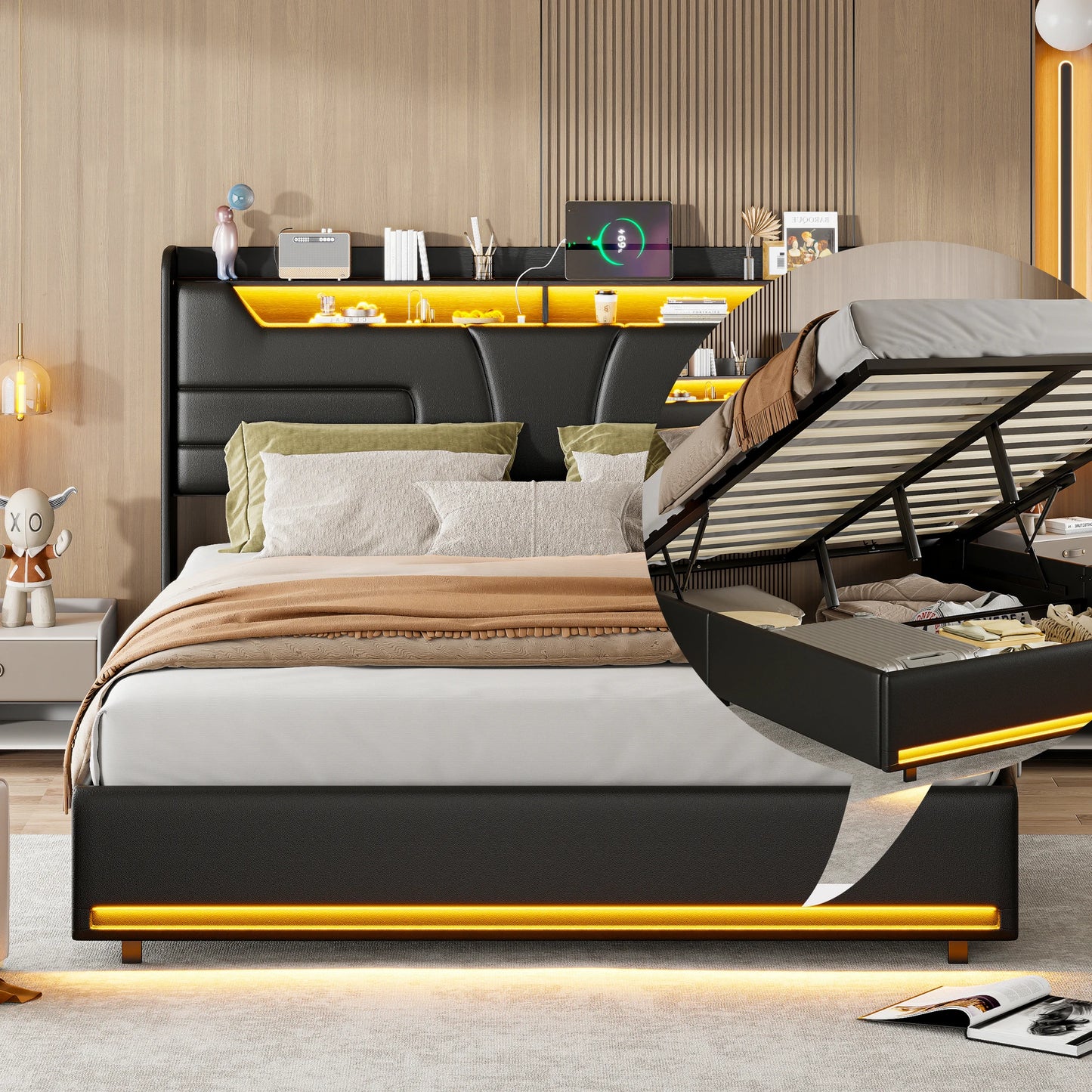 Wooden Aura 140 × 200 cm Upholstered bed hydraulic double bed with charging USB and LED LED strip with storage space under bed