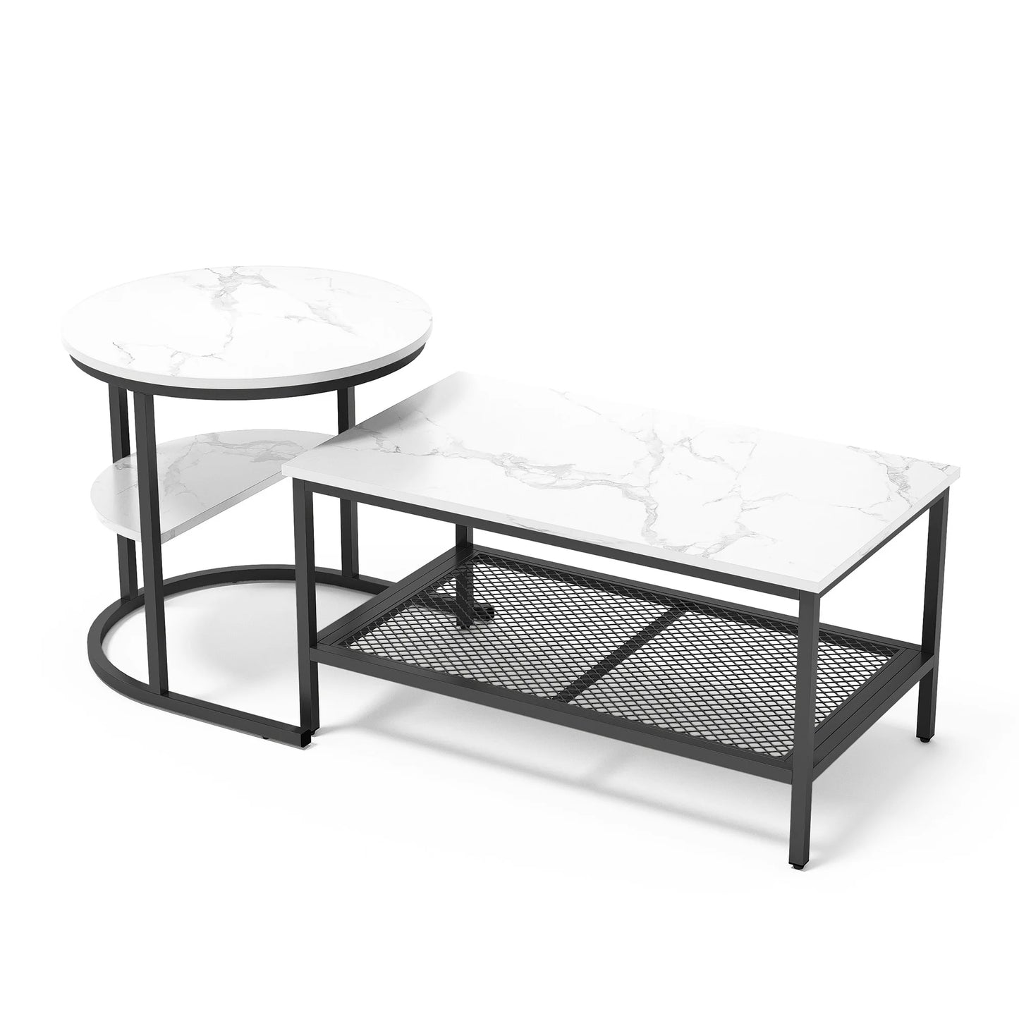 2-in-1 Coffee Table, Side Table with Metal Frame, Round and Rectangular Coffee Table for Living Room and Bedroom, Black