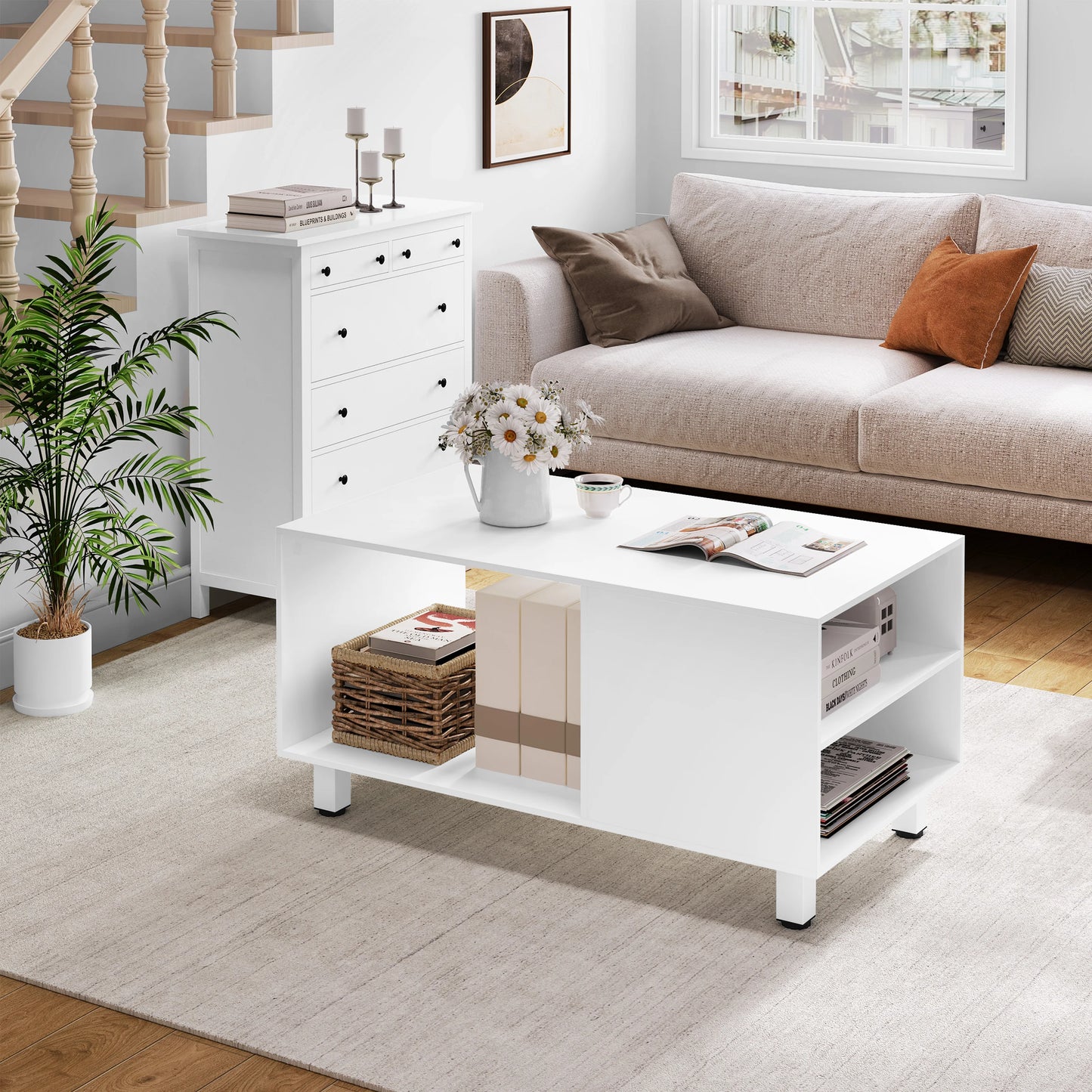 WOLTU White Coffee Table with Storage Living Room Table Side Table with Shelf 2 Side Compartments for Sofa Couch Home Decor