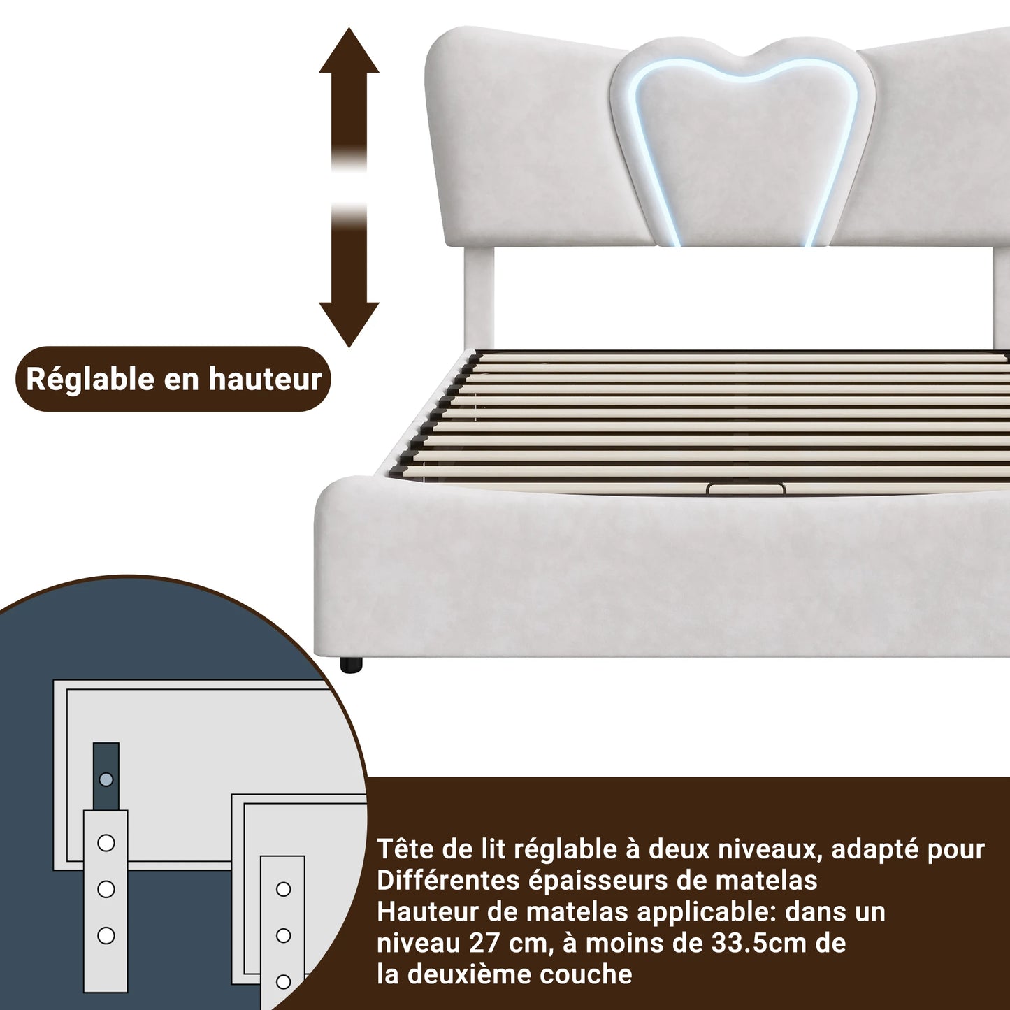 Rosahqnda Double Bed 140-160*200cm,Upholstered Storage Bed,hydraulic Functional bed with LED,youth bed,Adult Bed,velvet,Beige