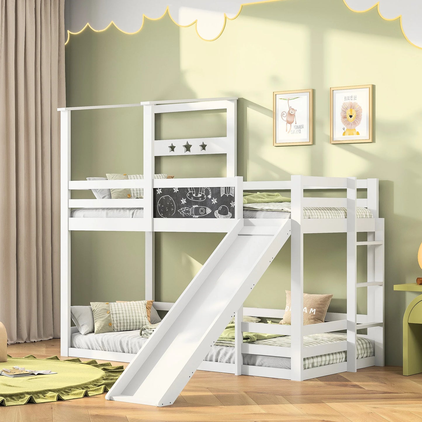Rosahqnda bunk bed for 2 children, children bed with slide, ladder and blackboard, solid wood children's bed with anti-out protection