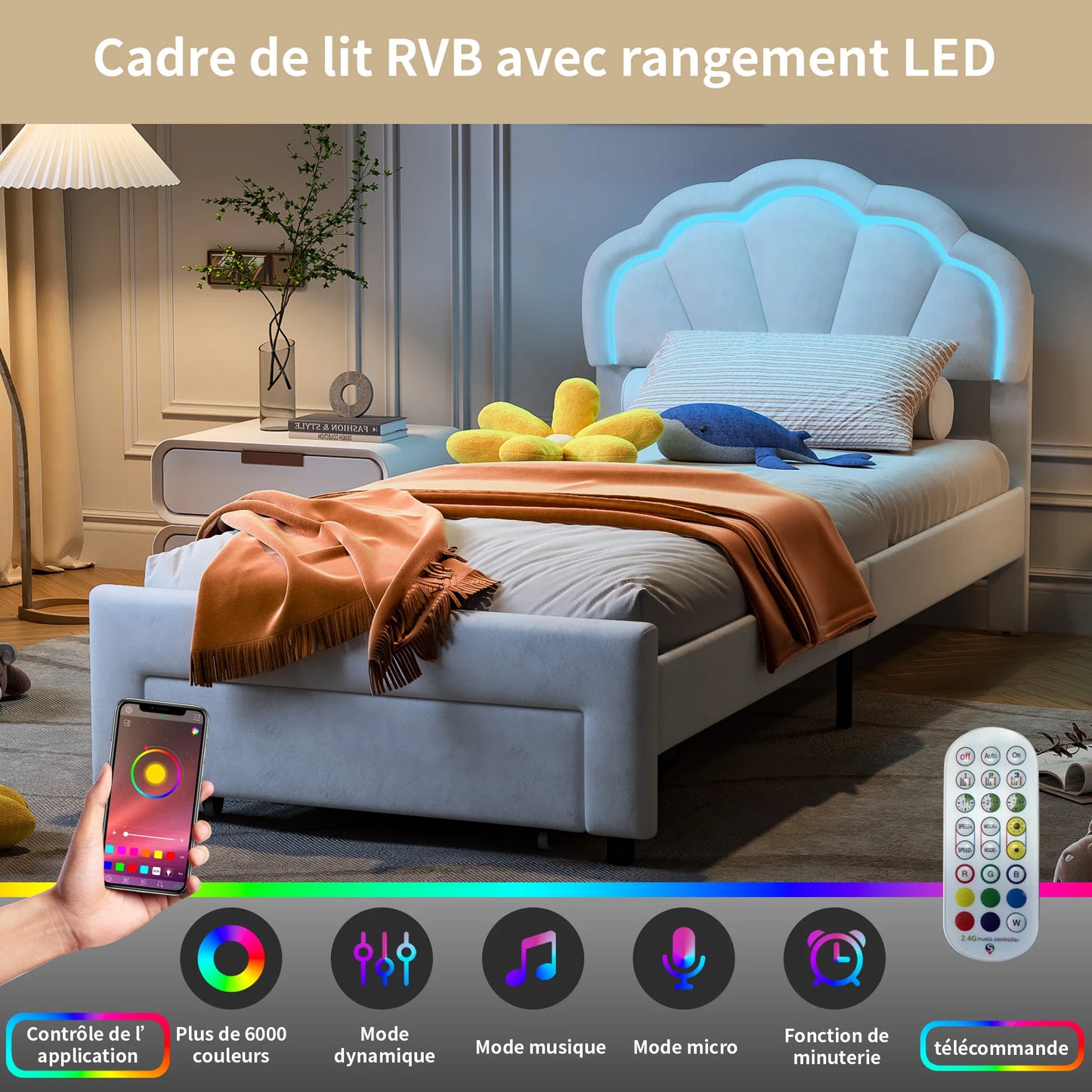 Rosahqnda Children bed with LED&drawers,girl's bed,Single bed Double bed 90-140*200 cm,velvet,White