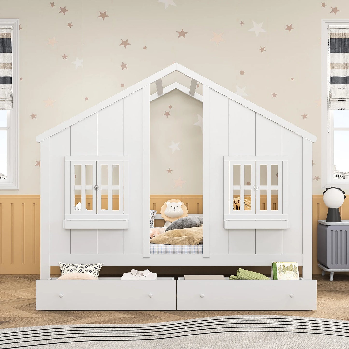 90 x 200 cm Children's Bed with 2 Drawers, Youth Bed, House Bed with Slatted Frame , for Boys and Girls, white