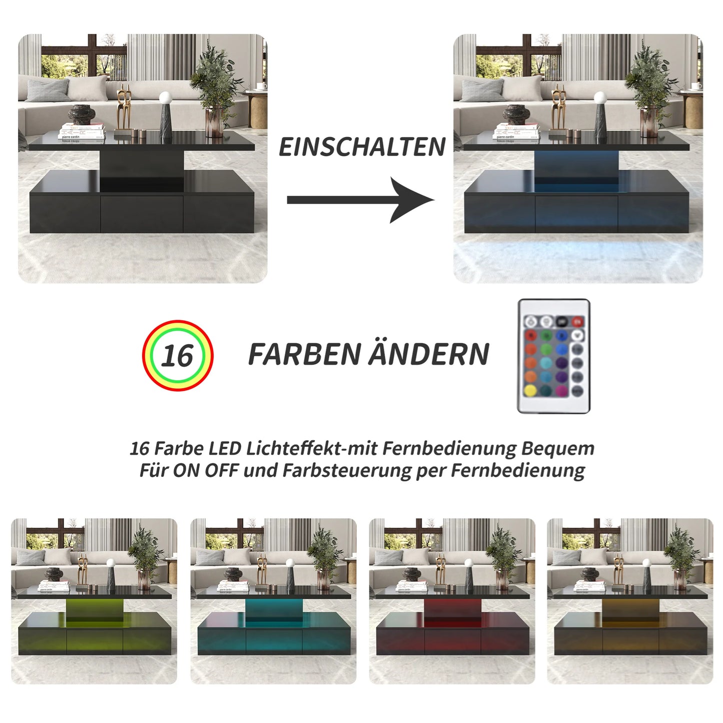 Coffee table with drawers, LED light and 2 storage levels, high gloss, black/white