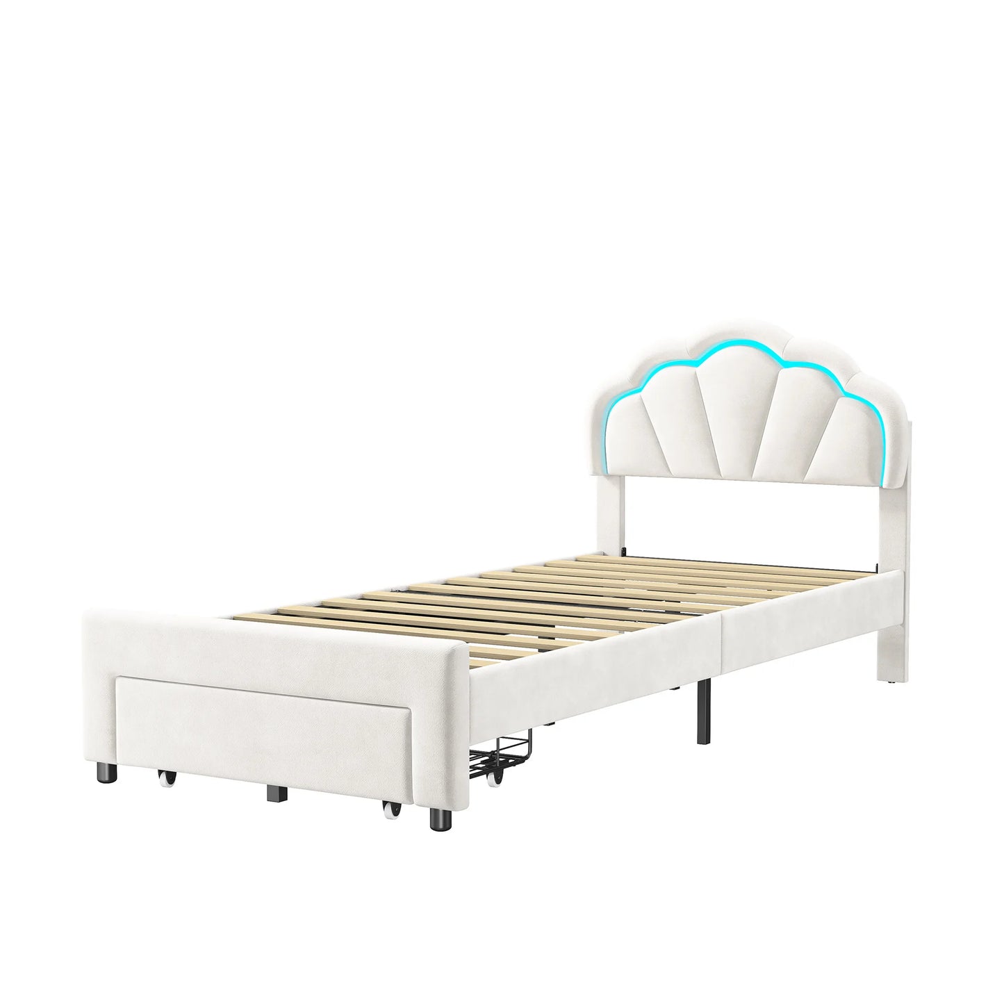 Rosahqnda Children bed with LED&drawers,girl's bed,Single bed Double bed 90-140*200 cm,velvet,White