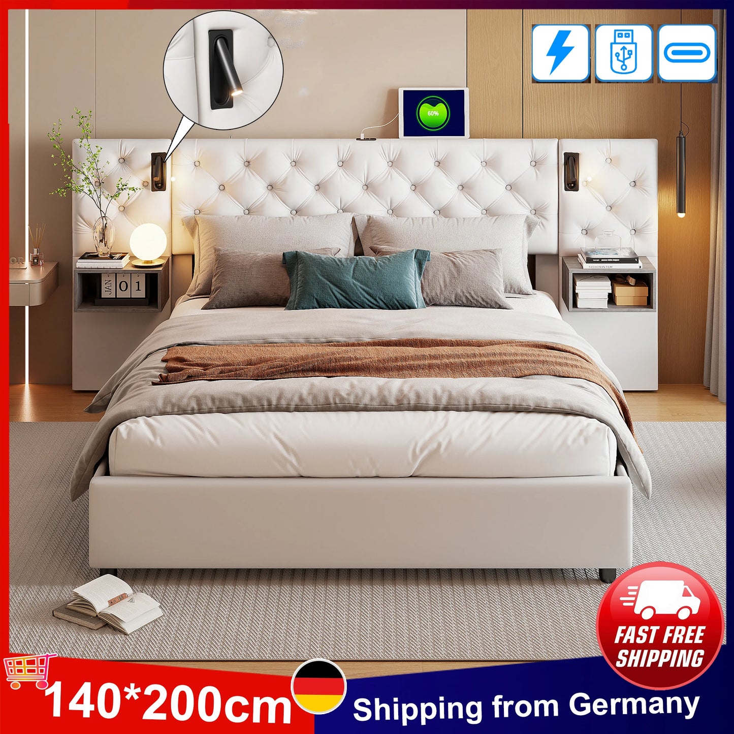 Anajqaqia Upholstered Bed 140x200cm,with Extra Wide Headboard & Reading Light & USB,Double Bed with Bedside Table,Hydraulic Bed