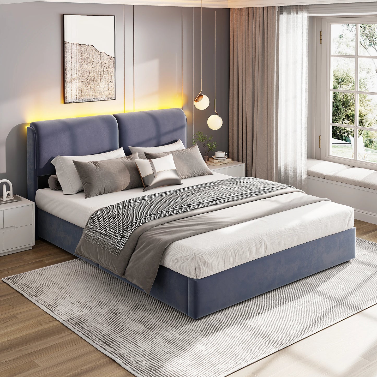 Comanlai 140x200cm Upholstered Bed,with RGB LED Lighting,with Slatted Frame and Soft Headboard,Storage Bed,Youth Bed,Velvet,Grey
