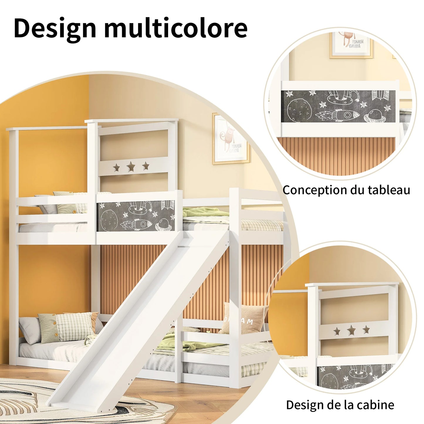 Rosahqnda bunk bed for 2 children, children bed with slide, ladder and blackboard, solid wood children's bed with anti-out protection