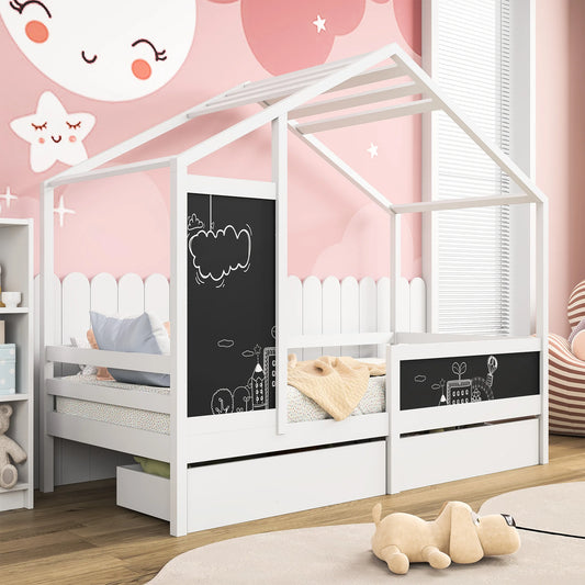 Comanlai Children's house bed 90 x 200 cm, wooden bed with blackboard and 2 drawers, solid wood with fence and slatted frame
