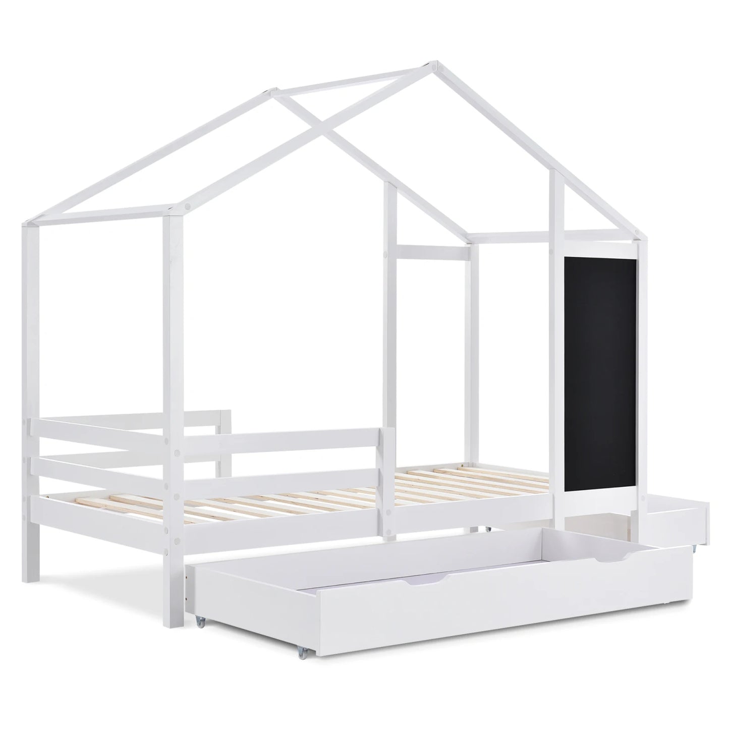White Children's house bed 90x200 cm solid wood fence slatted frame belt blackboard and 2 drawers wooden bed (without mattress)