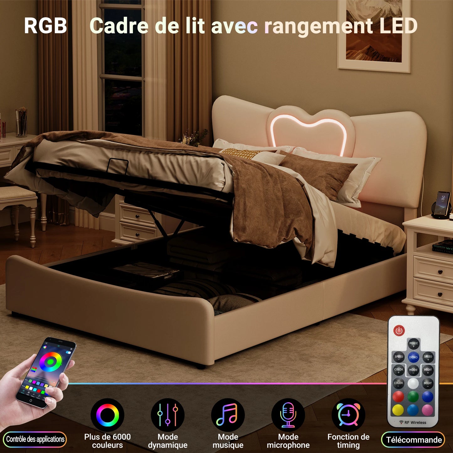 Rosahqnda Double Bed 140-160*200cm,Upholstered Storage Bed,hydraulic Functional bed with LED,youth bed,Adult Bed,velvet,Beige