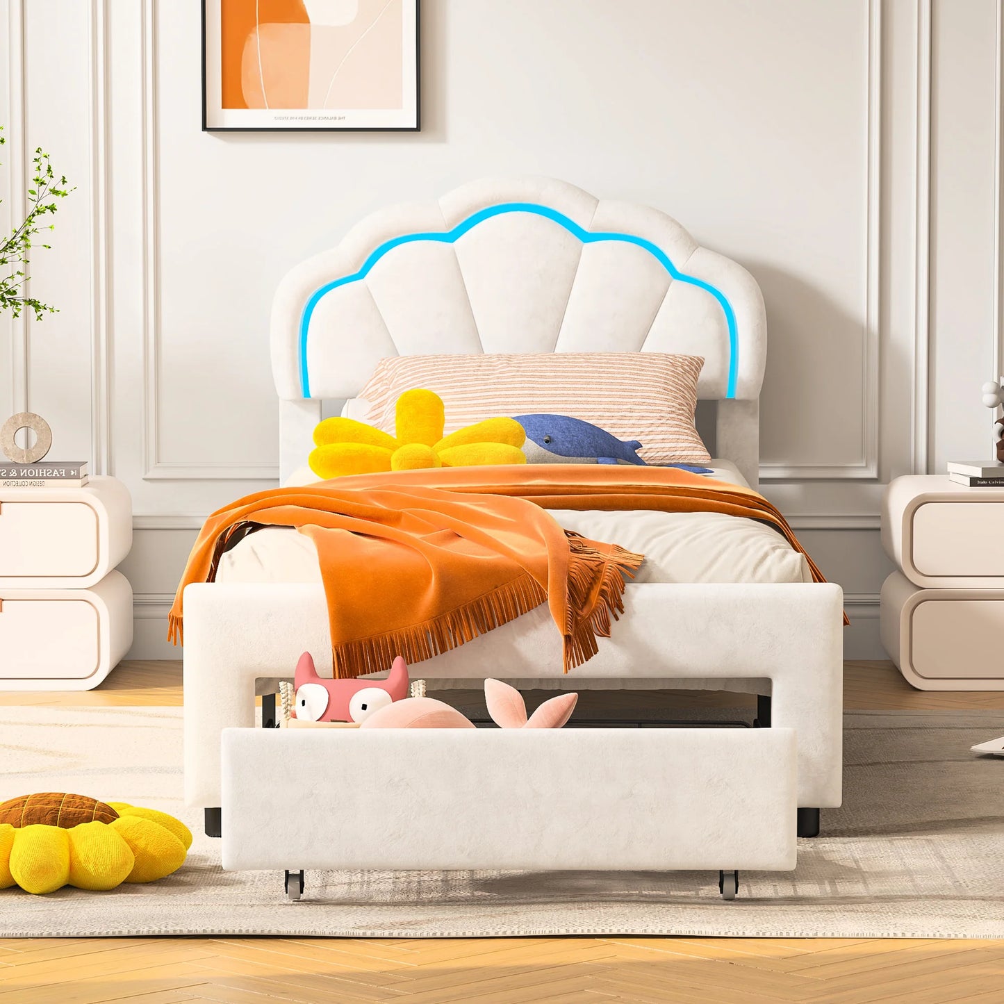 Rosahqnda Children bed with LED&drawers,girl's bed,Single bed Double bed 90-140*200 cm,velvet,White