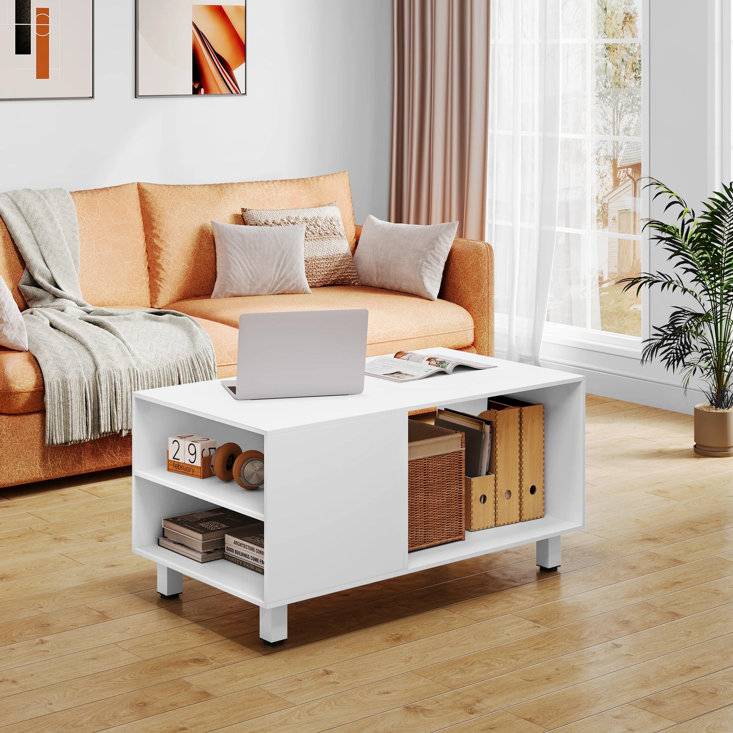 WOLTU White Coffee Table with Storage Living Room Table Side Table with Shelf 2 Side Compartments for Sofa Couch Home Decor