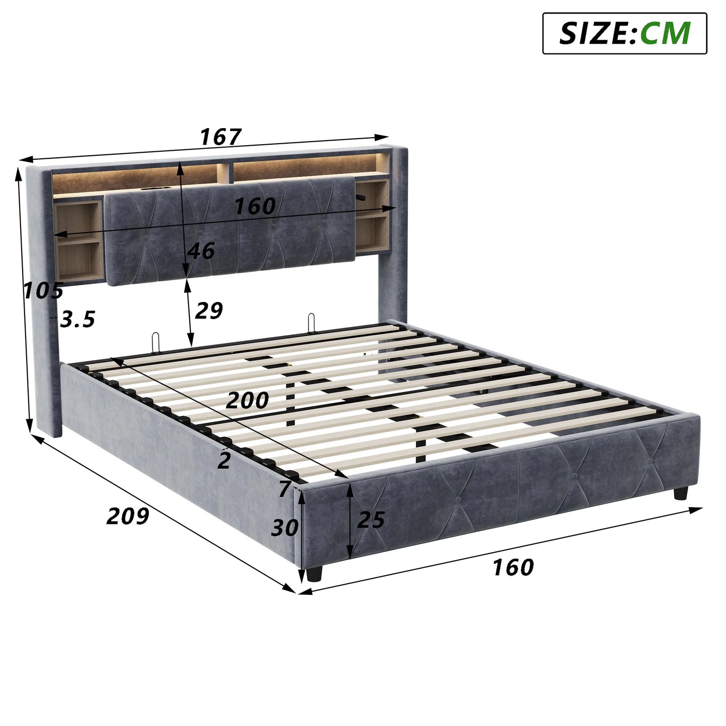 Upholstered bed air pressure bed with storage space headboard + USB light bar double bed storage headboard with gray velvet 140*200CM