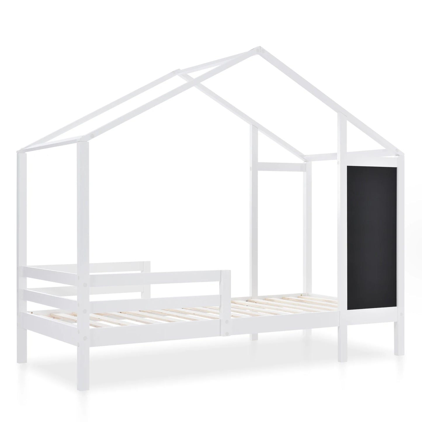 White Children's house bed 90x200 cm solid wood fence slatted frame belt blackboard and 2 drawers wooden bed (without mattress)
