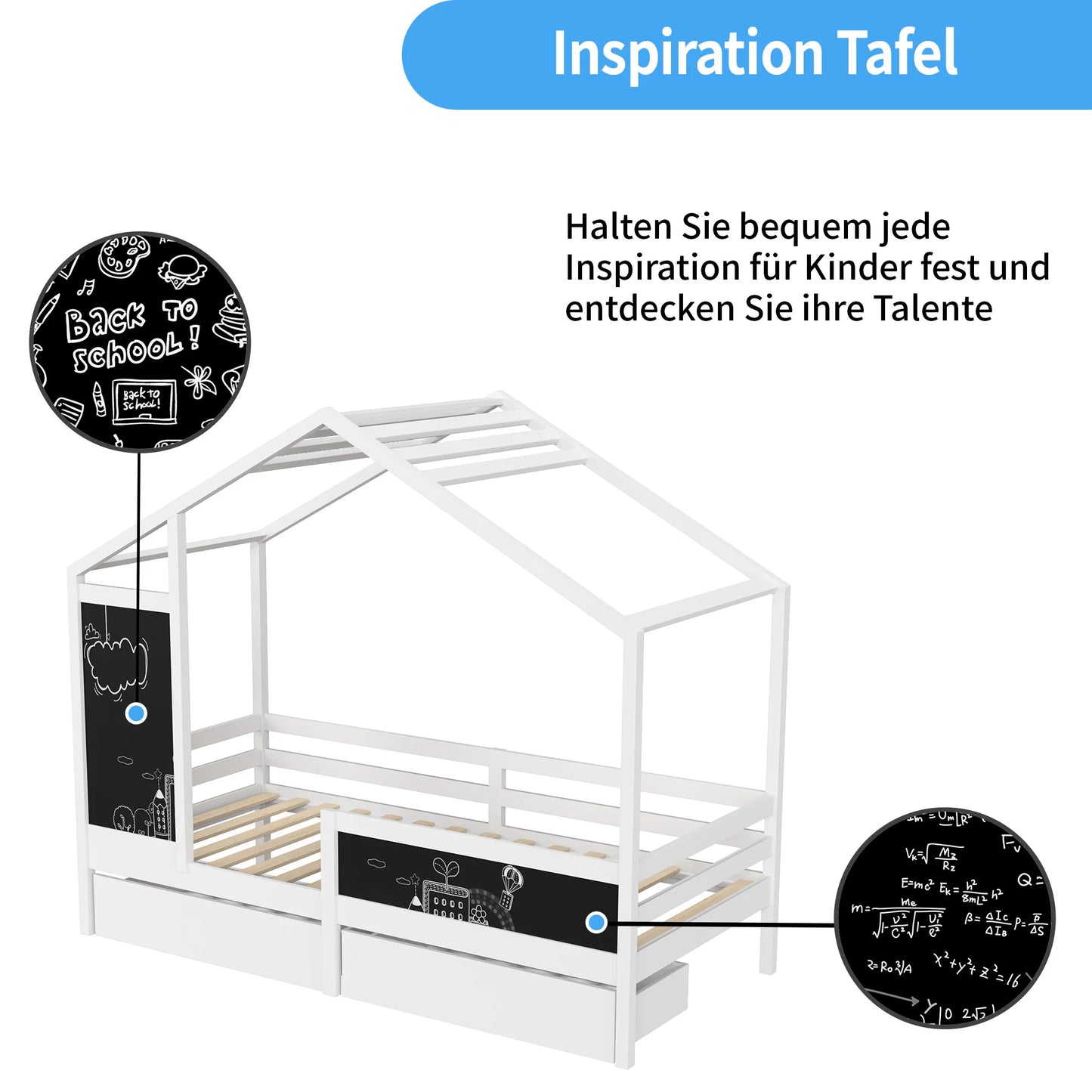 Comanlai Children's house bed 90 x 200 cm, wooden bed with blackboard and 2 drawers, solid wood with fence and slatted frame