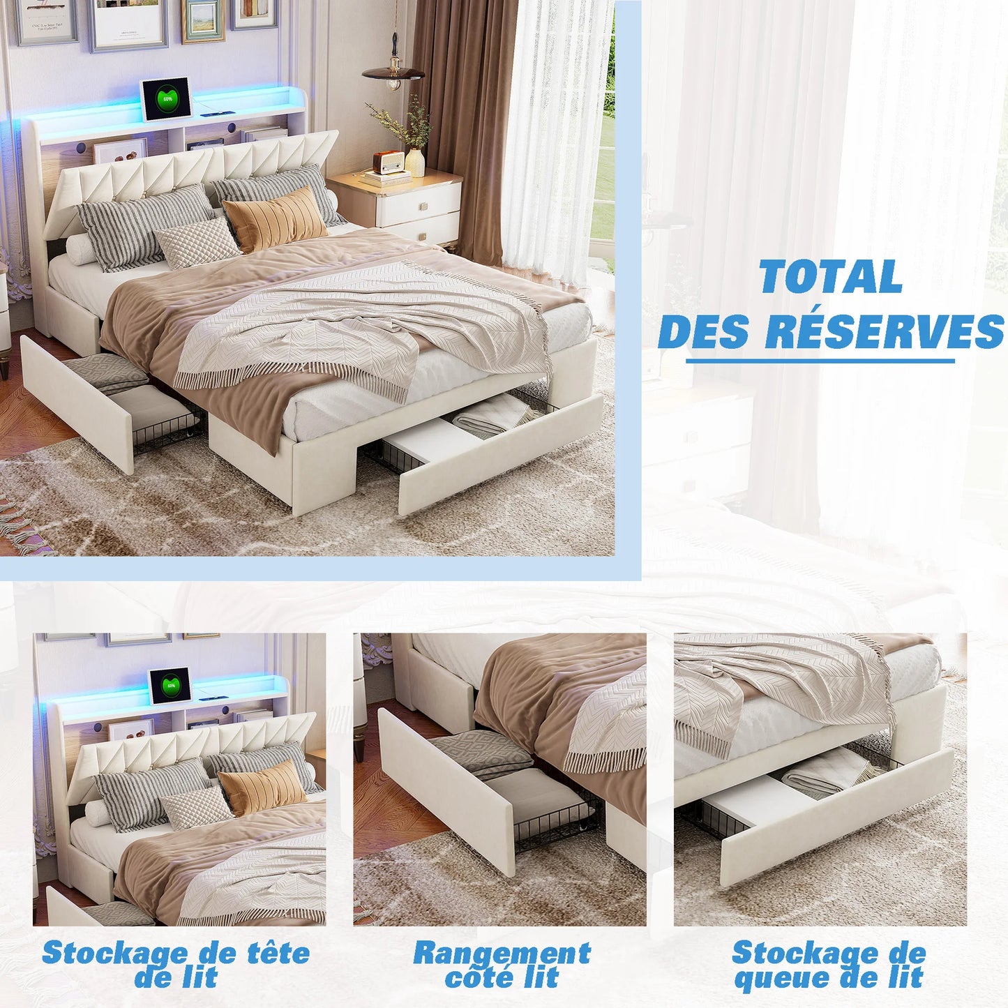 Rosahqnda Upholstered Double Bed with LED&USB&Drawers 140-160*200cm Storage youth Bed multifunctional headboard,velvet beige