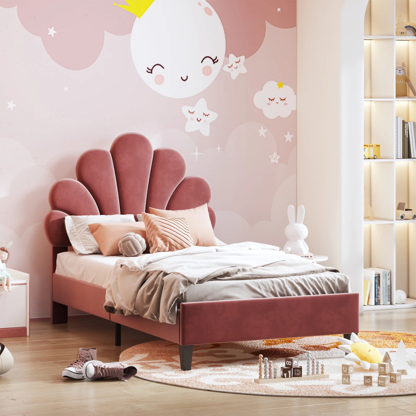 Rosahqnda Children bed Single bed Upholstery bed 90x200cm Floral Headboard and Slatted Slatt Fabric girls bed Without Mattress