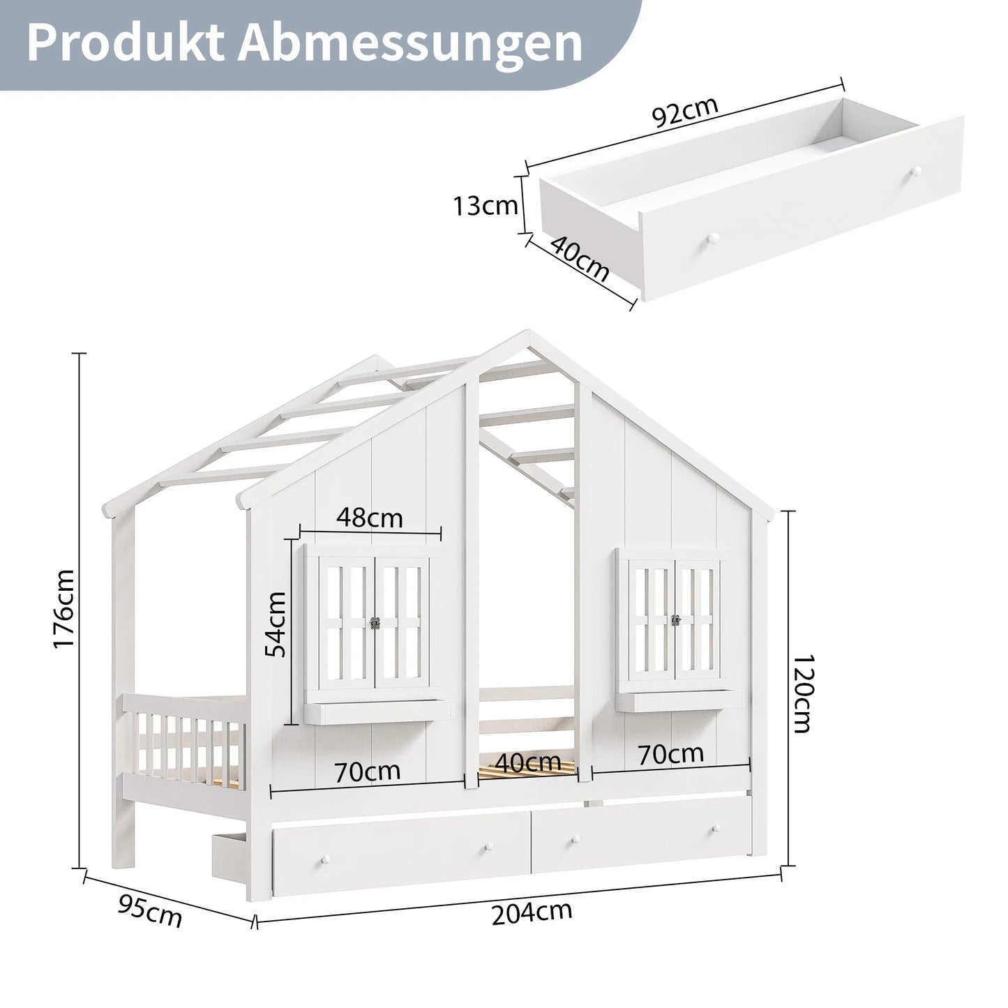 90 x 200 cm Children's Bed with 2 Drawers, Youth Bed, House Bed with Slatted Frame , for Boys and Girls, white