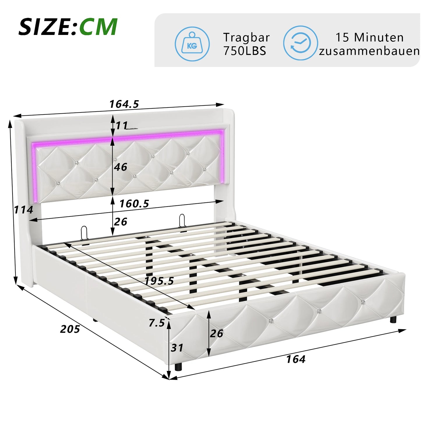 140x200cm PU upholstery bed, White single and double bed with slatted frame, wood headboard with decorative buttons and rivet RGB LED