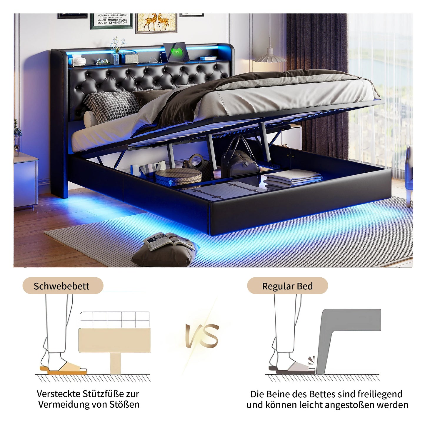 Comanlai Upholstered Bed,Double Bed,160 x 200 cm,Storage Bed with LED Headboard,with Storage Space and USB Connection,PU,Black