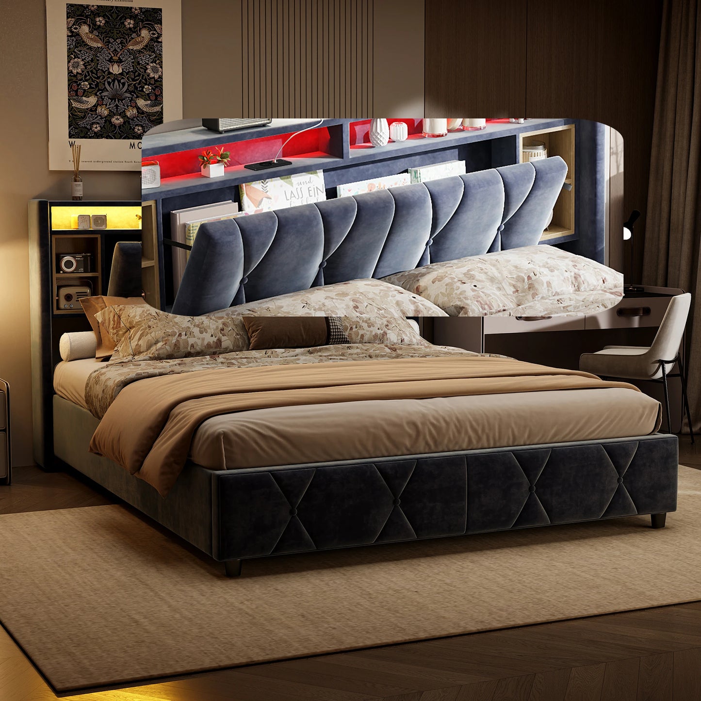 Upholstered bed air pressure bed with storage space headboard + USB light bar double bed storage headboard with gray velvet 140*200CM