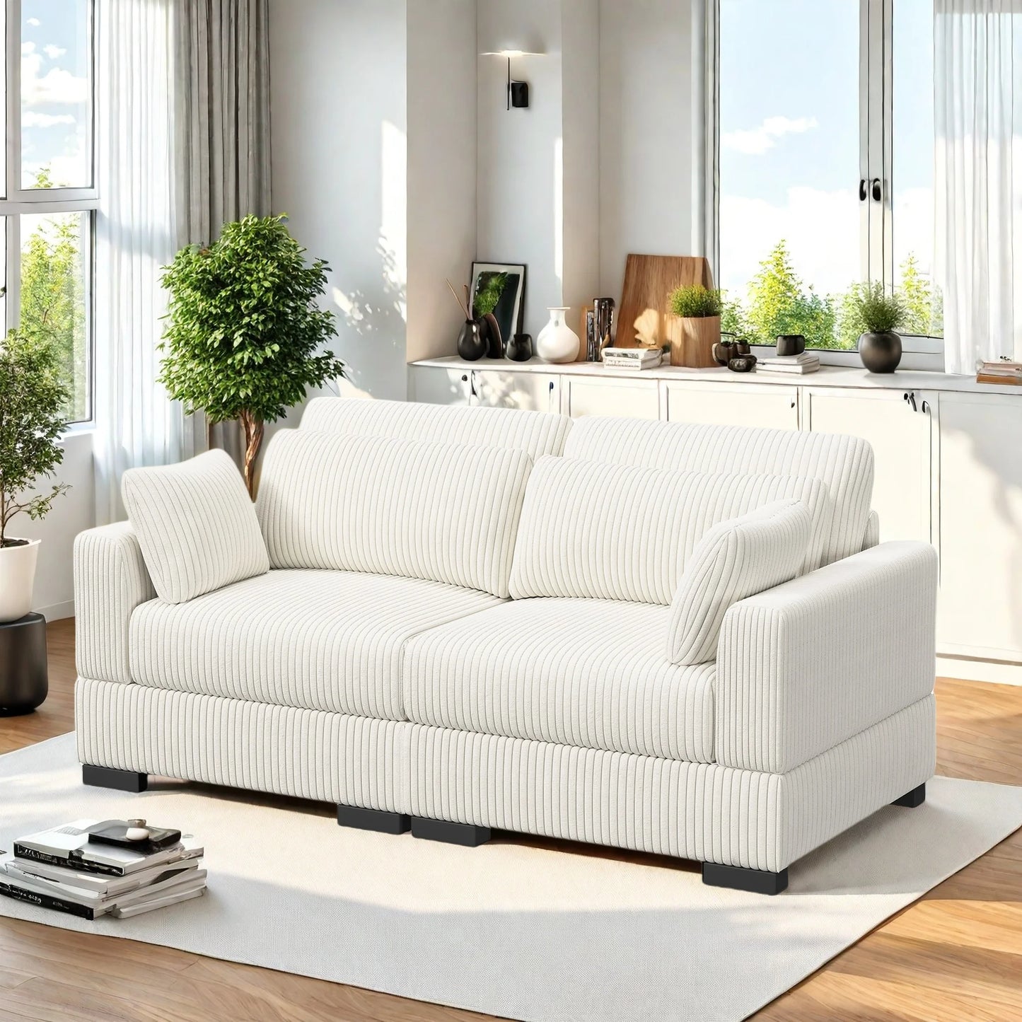 Rosahqnda Convertible Sectional Sofa,Freestanding double single Sofa,footrest with Storage ,Upholstery Set,Corduroy,Beige/Gray