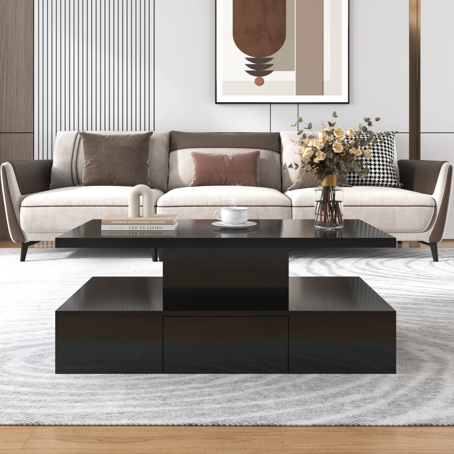 Coffee table with drawers, LED light and 2 storage levels, high gloss, black/white