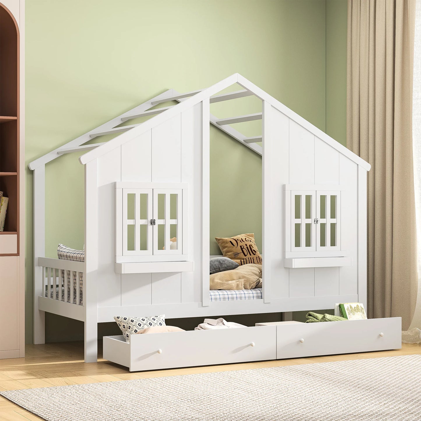 90 x 200 cm Children's Bed with 2 Drawers, Youth Bed, House Bed with Slatted Frame , for Boys and Girls, white