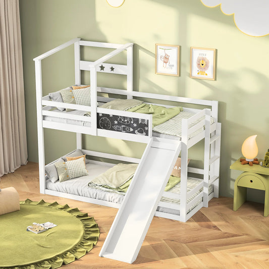 Rosahqnda bunk bed for 2 children, children bed with slide, ladder and blackboard, solid wood children's bed with anti-out protection