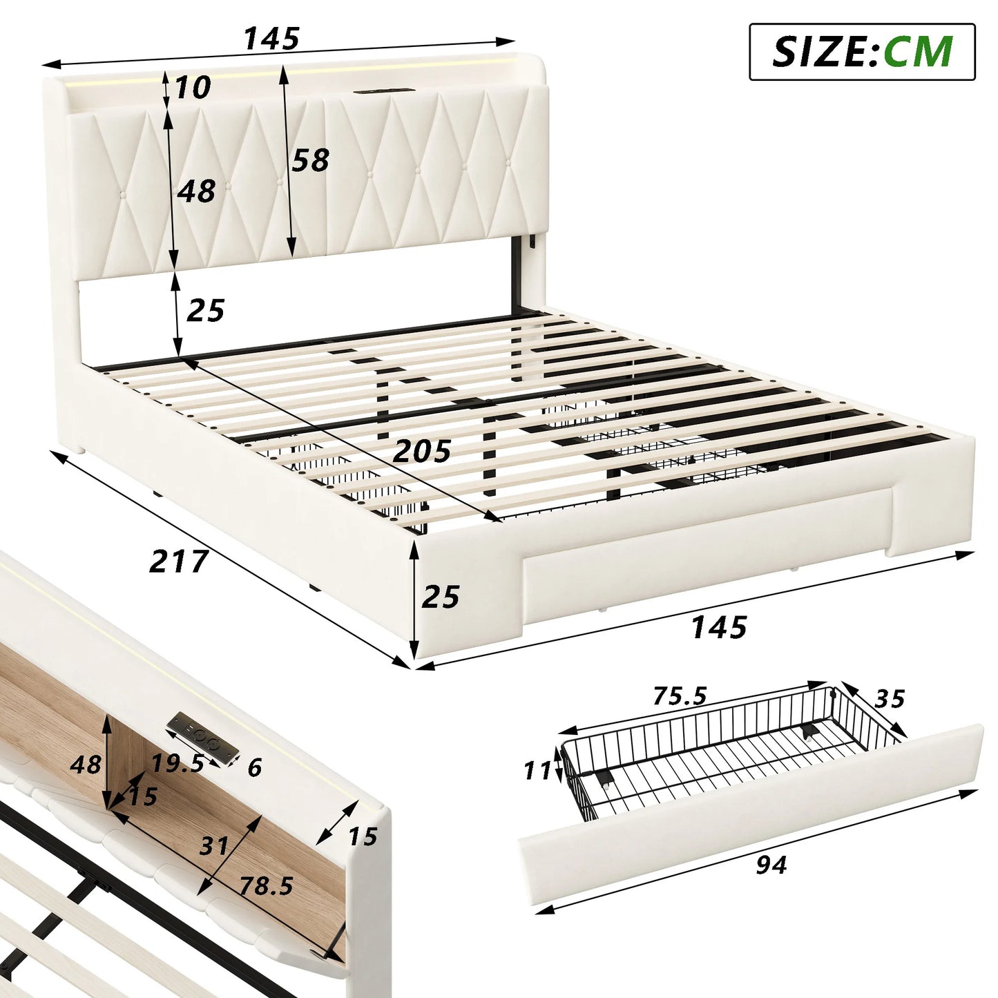 Rosahqnda Upholstered Double Bed with LED&USB&Drawers 140-160*200cm Storage youth Bed multifunctional headboard,velvet beige