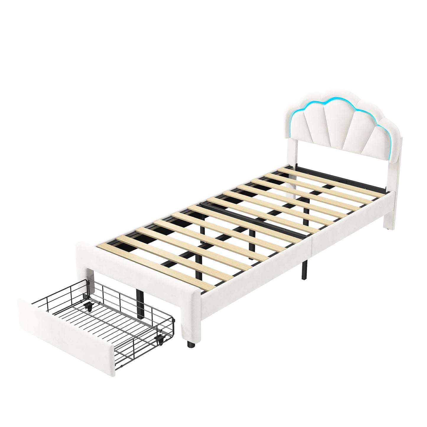 Rosahqnda Children bed with LED&drawers,girl's bed,Single bed Double bed 90-140*200 cm,velvet,White