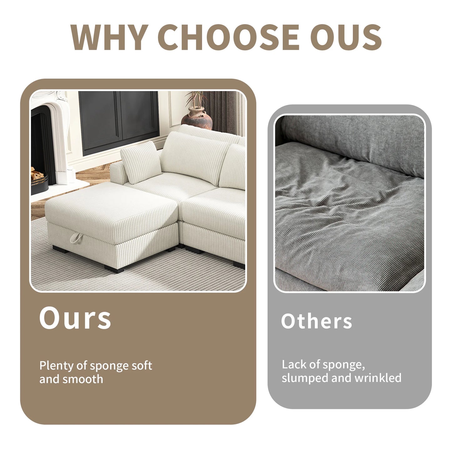Rosahqnda Convertible Sectional Sofa,Freestanding double single Sofa,footrest with Storage ,Upholstery Set,Corduroy,Beige/Gray