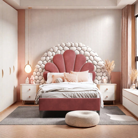 Rosahqnda Children bed Single bed Upholstery bed 90x200cm Floral Headboard and Slatted Slatt Fabric girls bed Without Mattress