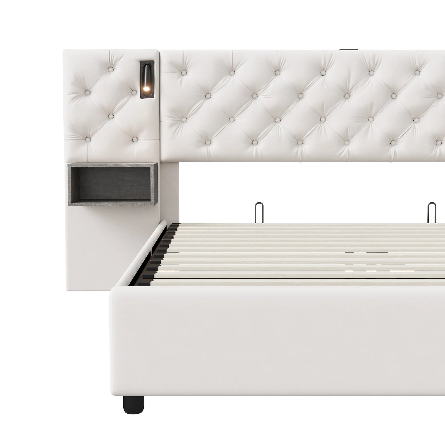 Anajqaqia Upholstered Bed 140x200cm,with Extra Wide Headboard & Reading Light & USB,Double Bed with Bedside Table,Hydraulic Bed