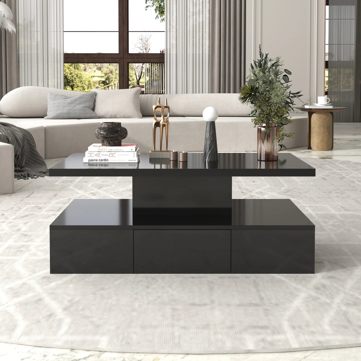 Coffee table with drawers, LED light and 2 storage levels, high gloss, black/white