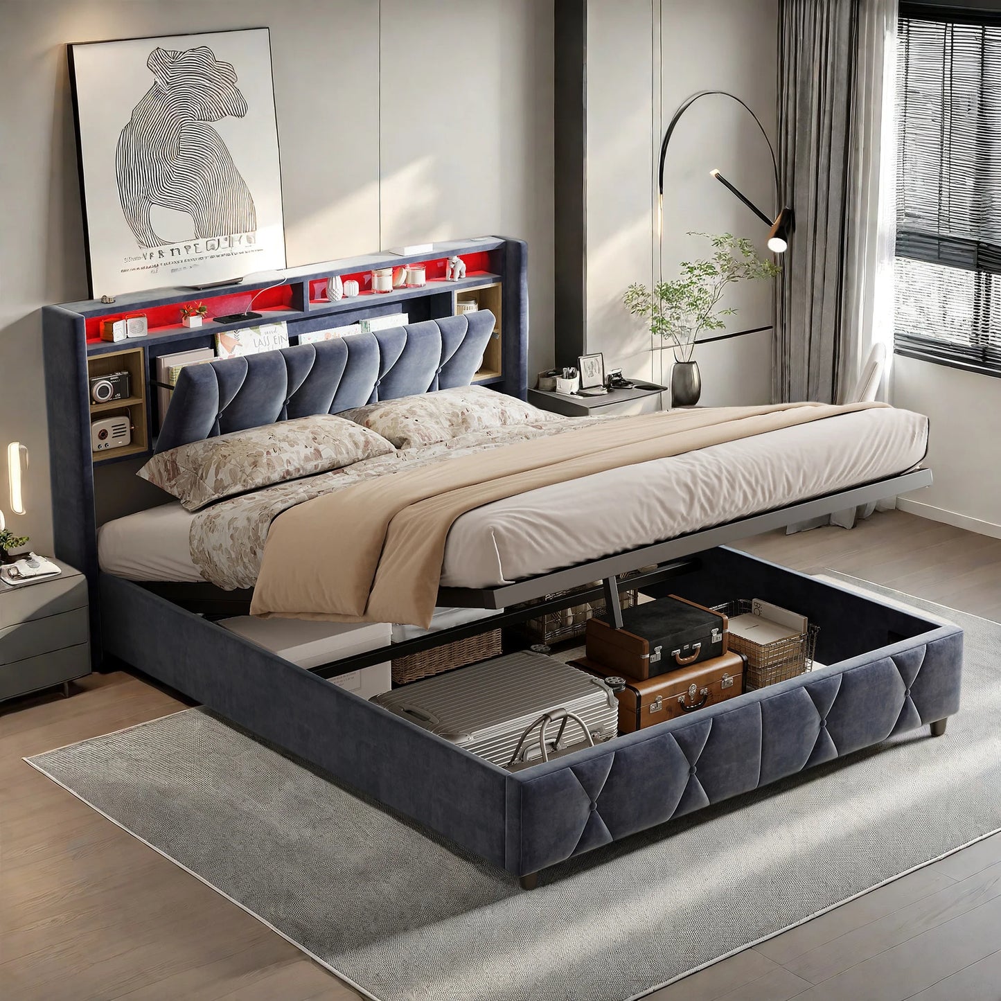 Upholstered bed air pressure bed with storage space headboard + USB light bar double bed storage headboard with gray velvet 140*200CM