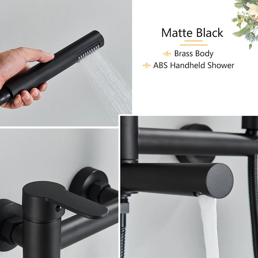 Black Bathroom Bathtub Shower Faucet with Swivel Tub Spout and Handhold Shower Brass Wall Mounted Hot Cold Water Mixer Bath Tap