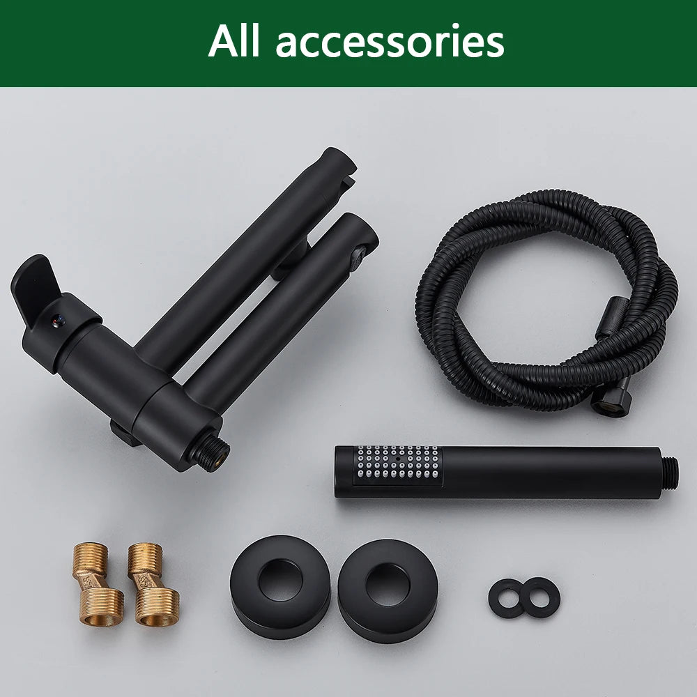 Black Bathroom Bathtub Shower Faucet with Swivel Tub Spout and Handhold Shower Brass Wall Mounted Hot Cold Water Mixer Bath Tap