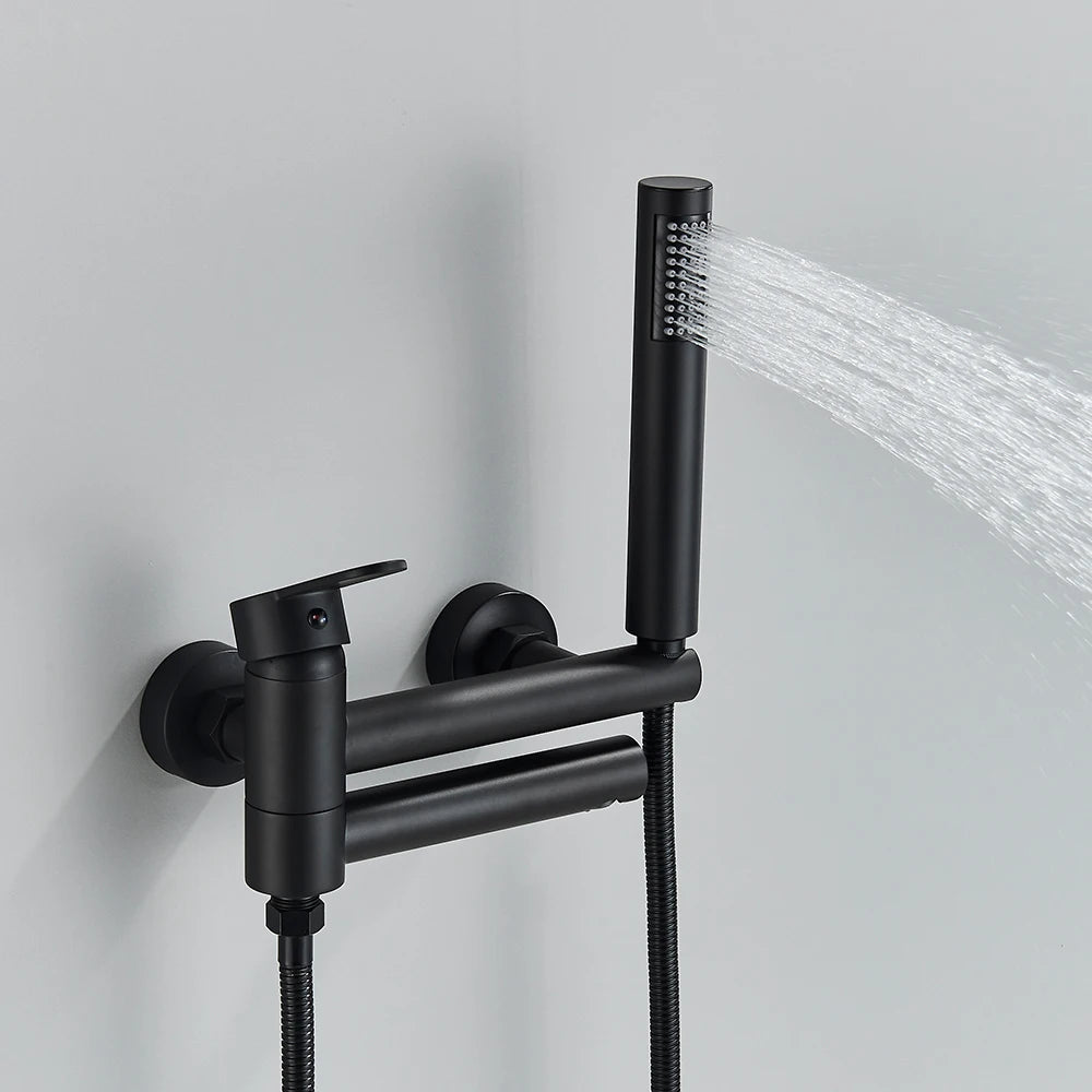 Black Bathroom Bathtub Shower Faucet with Swivel Tub Spout and Handhold Shower Brass Wall Mounted Hot Cold Water Mixer Bath Tap