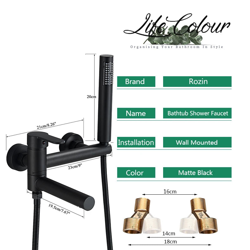 Black Bathroom Bathtub Shower Faucet with Swivel Tub Spout and Handhold Shower Brass Wall Mounted Hot Cold Water Mixer Bath Tap