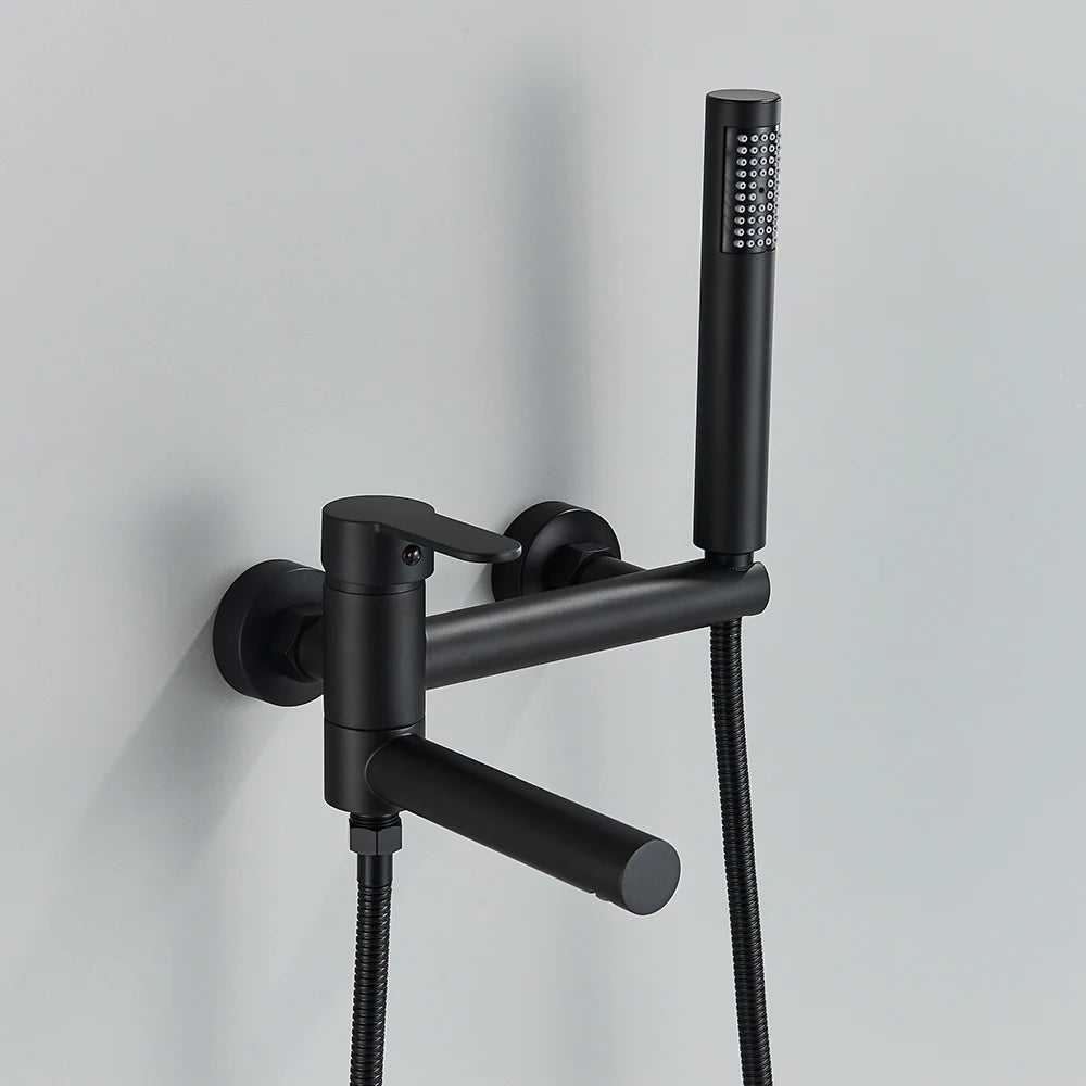 Black Bathroom Bathtub Shower Faucet with Swivel Tub Spout and Handhold Shower Brass Wall Mounted Hot Cold Water Mixer Bath Tap