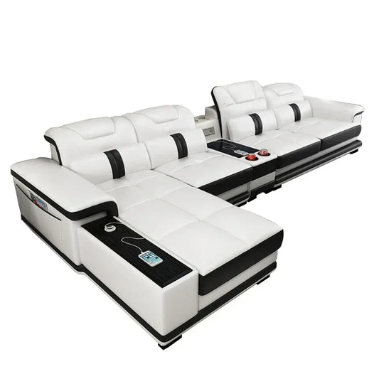 High-quality Durable Living Room Sofa Set Corner Sofa Speaker Real Genuine Cow Leather Sectional Sofas Bluetooth Headrest