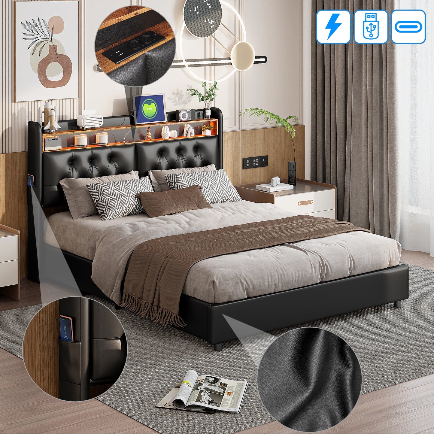 Lazyspace Black PU Upholstered Bed, Hydraulic Storage Bed, European Modern Double Bed Frame with LED Lighting & USB Port