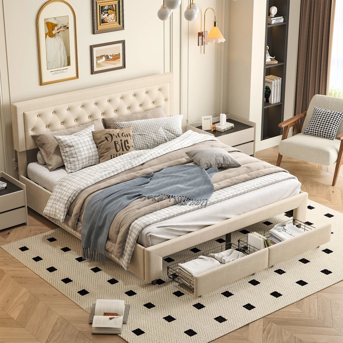 Comanlai Upholstered Bed 180x200cm,Double Bed with 2 Drawers,Bed with Storage Space,Hydraulic Storage Bed,Velvet Fabric,Beige