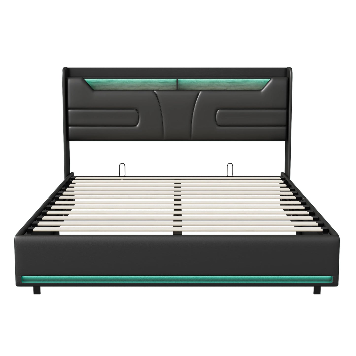 Lazyspace Black PU Storage Bed,Headboard with LED Bed Frame,Pressure Rod Upholstered Bed with Storage Space,Bedroom Furniture