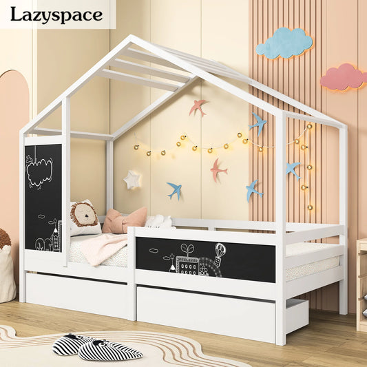 Lazyspace Bunk Bed for Two Children,90 x200cm Children's Bed with Fall-out Protection,Drawers and Blackboard,Without Mattress
