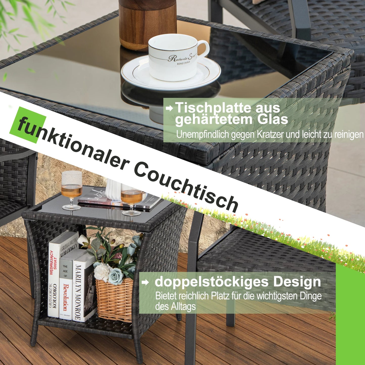 3-piece garden furniture set, rattan balcony set with 2 chairs and table, balcony furniture with upholstered seat, rattan furniture for small