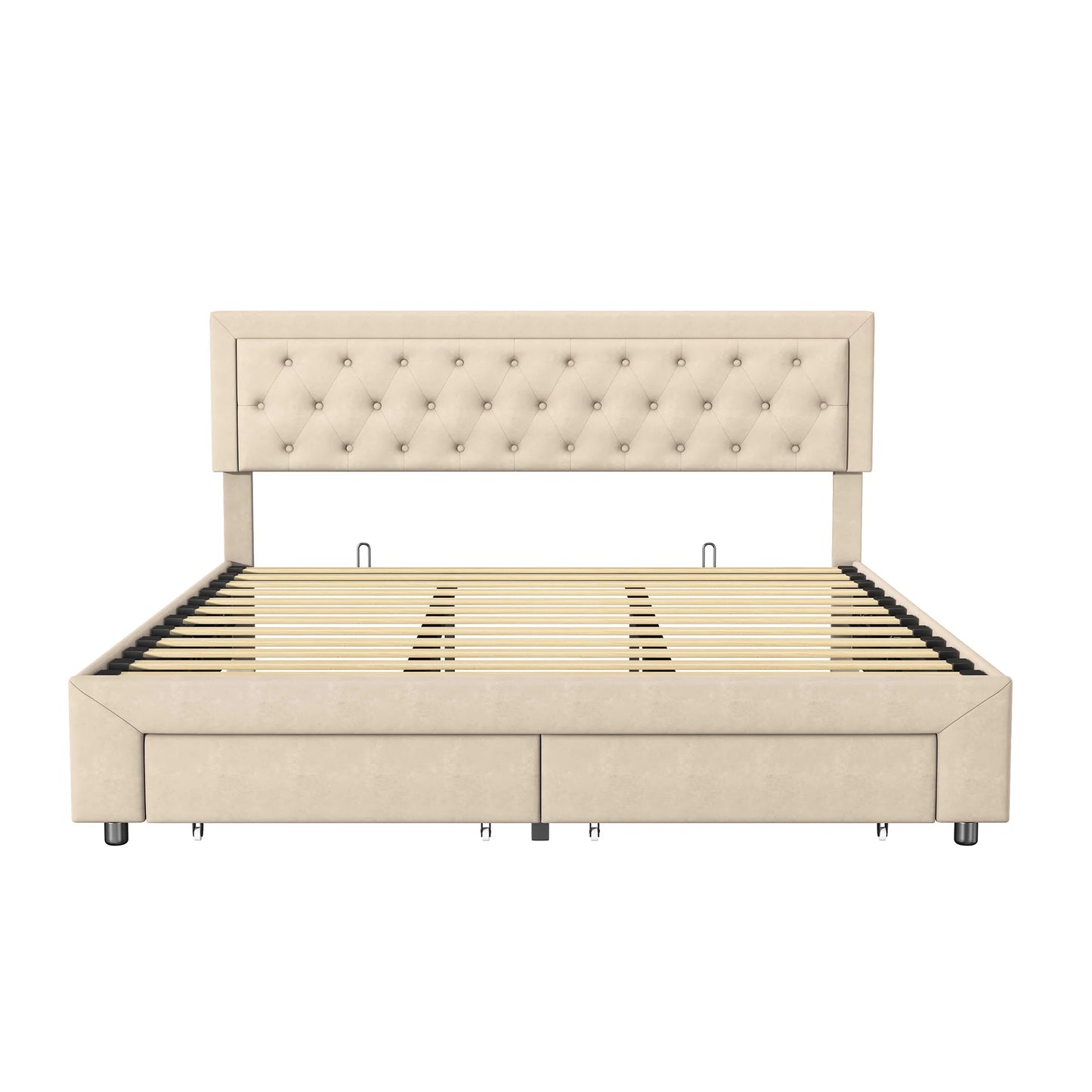 Comanlai Upholstered Bed 180x200cm,Double Bed with 2 Drawers,Bed with Storage Space,Hydraulic Storage Bed,Velvet Fabric,Beige