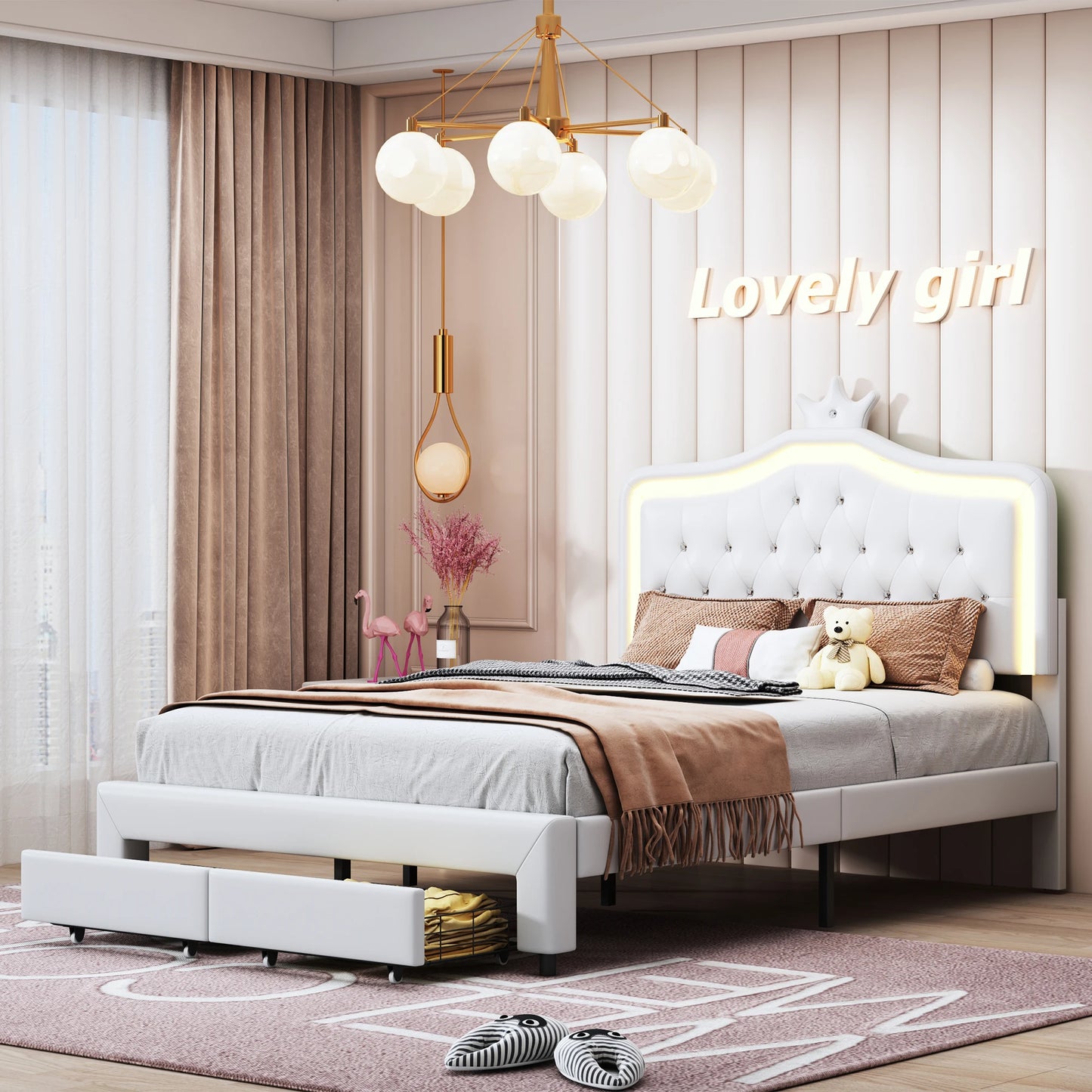 Children's bed, double bed 140x200 cm, crown-shaped princess bed, PU leather, adjustable LED ambient light strip - white